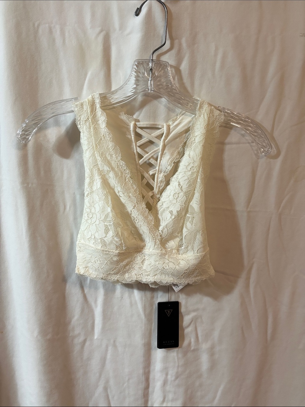 GUESS Ivory Floral Lace-Up Criss-Cross Deep V Bralette Bra Corset